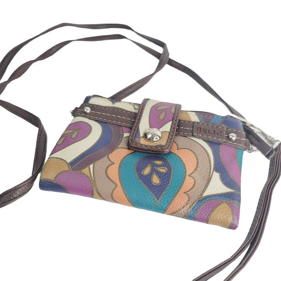 RELIC Teal Purple & Brown Faux Leather Boho Paisley Crossbody Mini Purse Wallet - Picture 2 of 8
